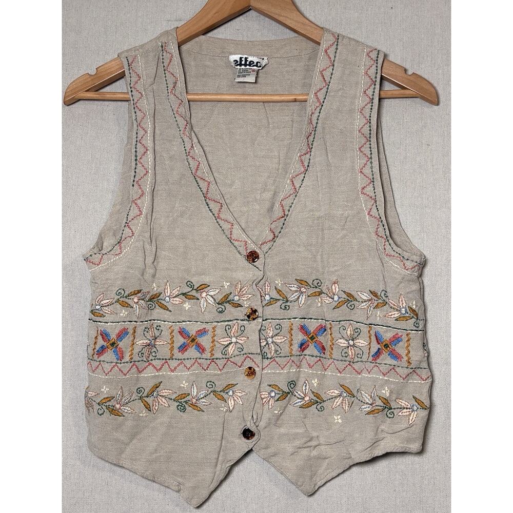 Creazioni Effeci Vest Embroidered Hippy Boho Floral Button Up Linen Blend Top‎
